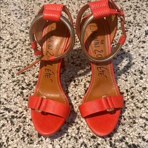 Lanvin Coral Leather Bow Ankle-Strap Heels with Metallic Coil